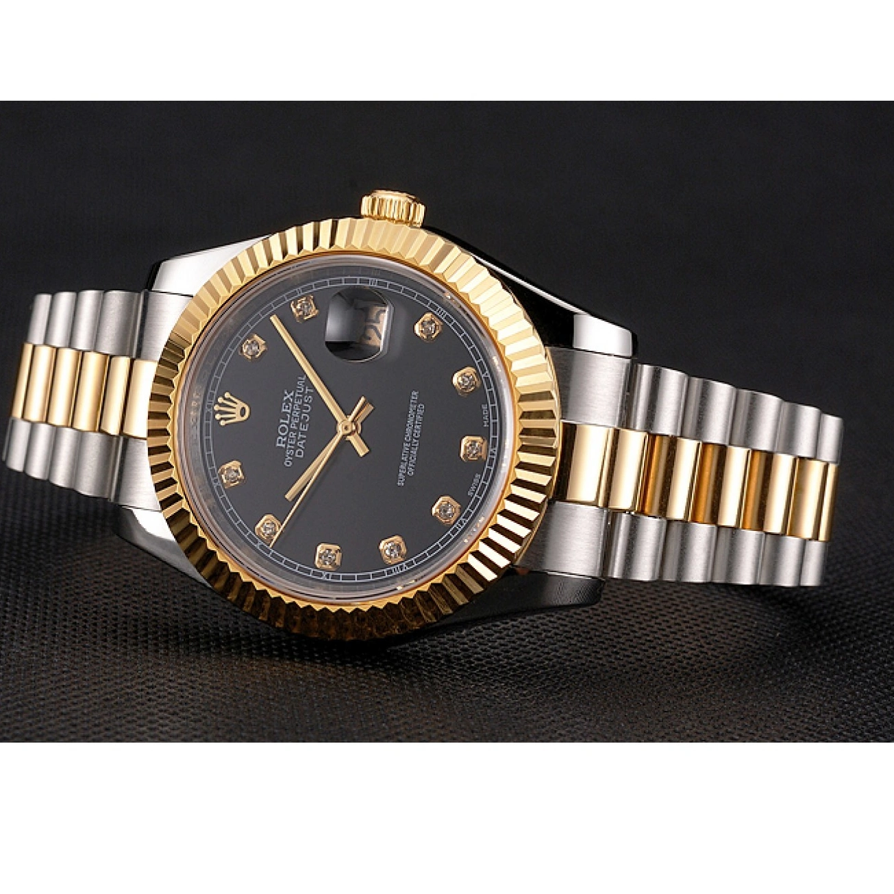 AAA Replica Watches Case Tone Swiss Gold Dial Bezel Two Bracelet Datejust Black Rolex Steel Stainless 1029